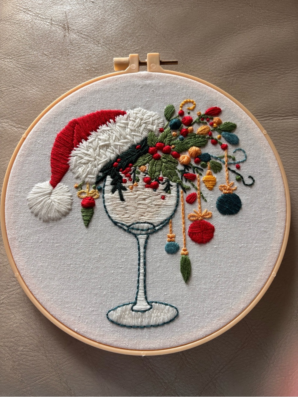 8” Holiday Wine Glass Embroidered Hoop Art - Red, Green & Gold